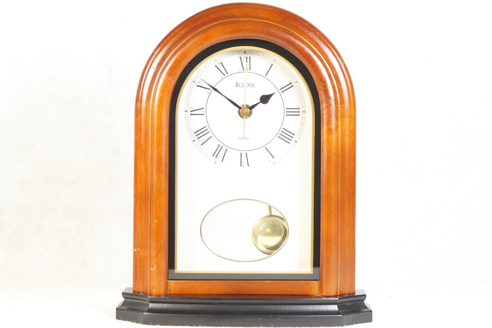 Bulova Mantle Clock Wood Frame Arch Roman Dial Quartz Bulova Clock