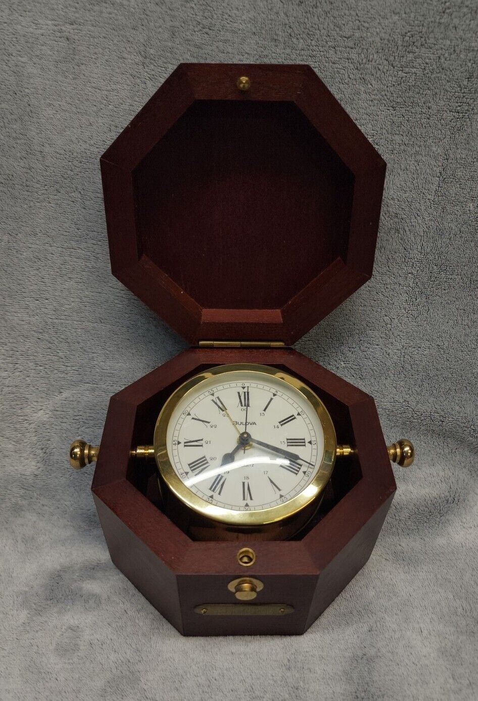 Bulova Quartermaster Presentation Clock in Octogon Mahogany Case Model B7910 036
