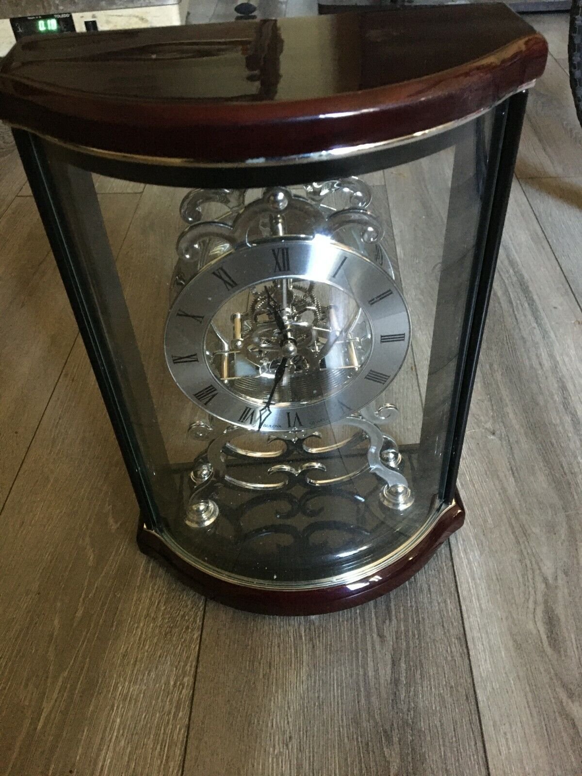 BULOVA Skeleton Wentworth Mantel Clock Quartz Solid Wood Silver Finish
