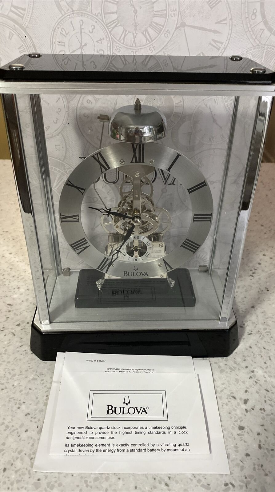 Bulova Vantage Skeleton Mantel Clock B2023 Black Glass & Chrome Case IOB Tested