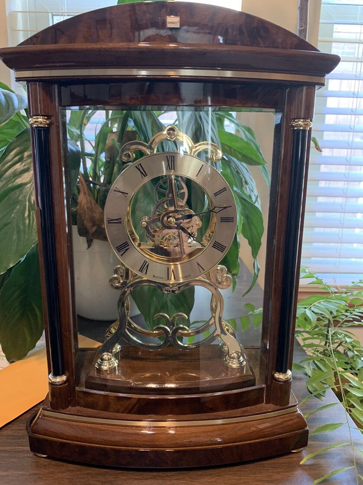 Bulova Wood Battery Operated Skeleton Mantel Clock w/ Pendulum Valeria B2026 EUC