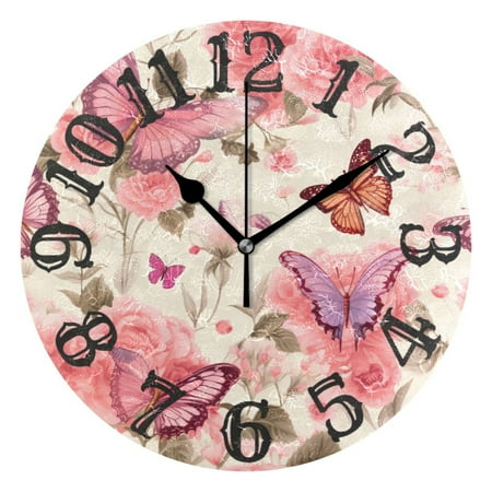 Butterflies Flowers Floral 10 inch Wall Clocks Non Ticking Easy to Read Battery Decorative for Home Bathroom Kitchen Bedroom Living Room