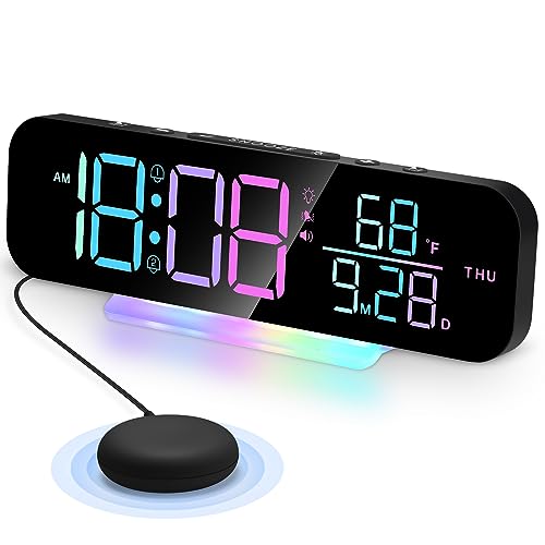 Cadmos Extra Loud Vibrating Alarm Clock with Bed Shaker for Heavy Sleepers,Hearing Impaired Deaf,Adjustable Volume,Dimmer,Large LED Digital with RGB Night Light for Bedrooms,Kids,Teens(Black)