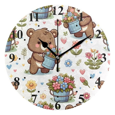 Cartoon Bear and Flower Bucket Black 10 inch Wall Clocks Non Ticking Easy to Read Battery Decorative for Home Bathroom Kitchen Bedroom Living Room