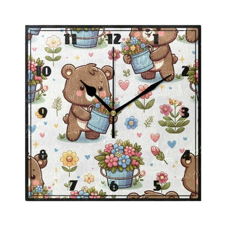 Cartoon Bear and Flower Bucket Wall Clock 7.78 Non-Ticking Silent Battery Operated for Home Bedroom Office Kitchen Living Room