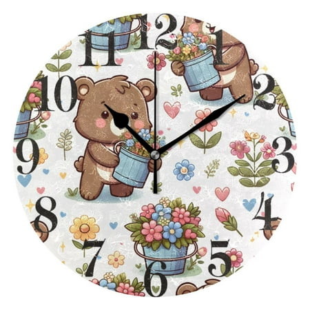 Cartoon Bear and Flower Bucket Wall Clock 9.8 inch Battery Operated Clocks Non-Ticking Silent for Bedroom Office Kitchen Living Room