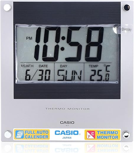 Casio Id-11-1 Digital Auto Calendar Thermo Hygrometer Wall and Desk Clock with Indoor Temperature Silver Blue Battery Included