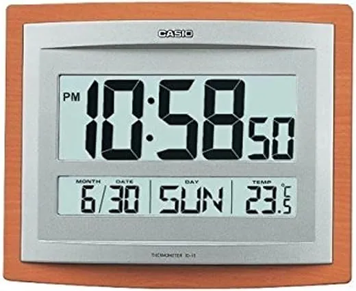 Casio Id-15s-5 Wall and Table Wood Grain Pattern Clock Temperature Digital Auto Calendar Thermo Large Wall Clock Limited Edition Battery Included, Silver and Wood Grain Pattern (ID-15-5DF)