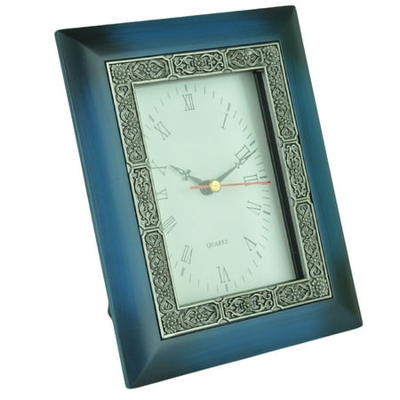 Cast Metal Pewter Petralite Wooden Look Desk Quartz Clock Antique Blue Flowers