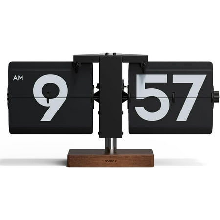 Classic Modern Wood Big Flip Desk Clock (Black), Retro Vintage Analog Design Auto Flip Clock Table Clock Large Number Battery Powered, Ideal for Home Office School Hotel Café