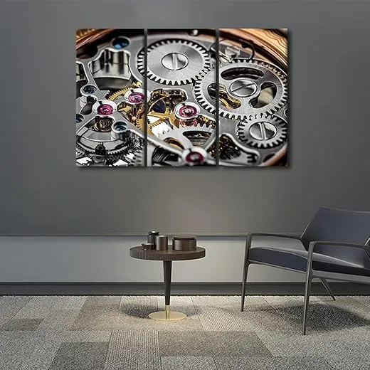 Clock Mechanism Pictures Mechanical Watch Close-up Art Paintings Multi Panel Printed on Canvas Artwork Modern Home Decoration Giclee Wooden Framed Gallery-Wrapped Ready to Hang- 42" Wx28 H