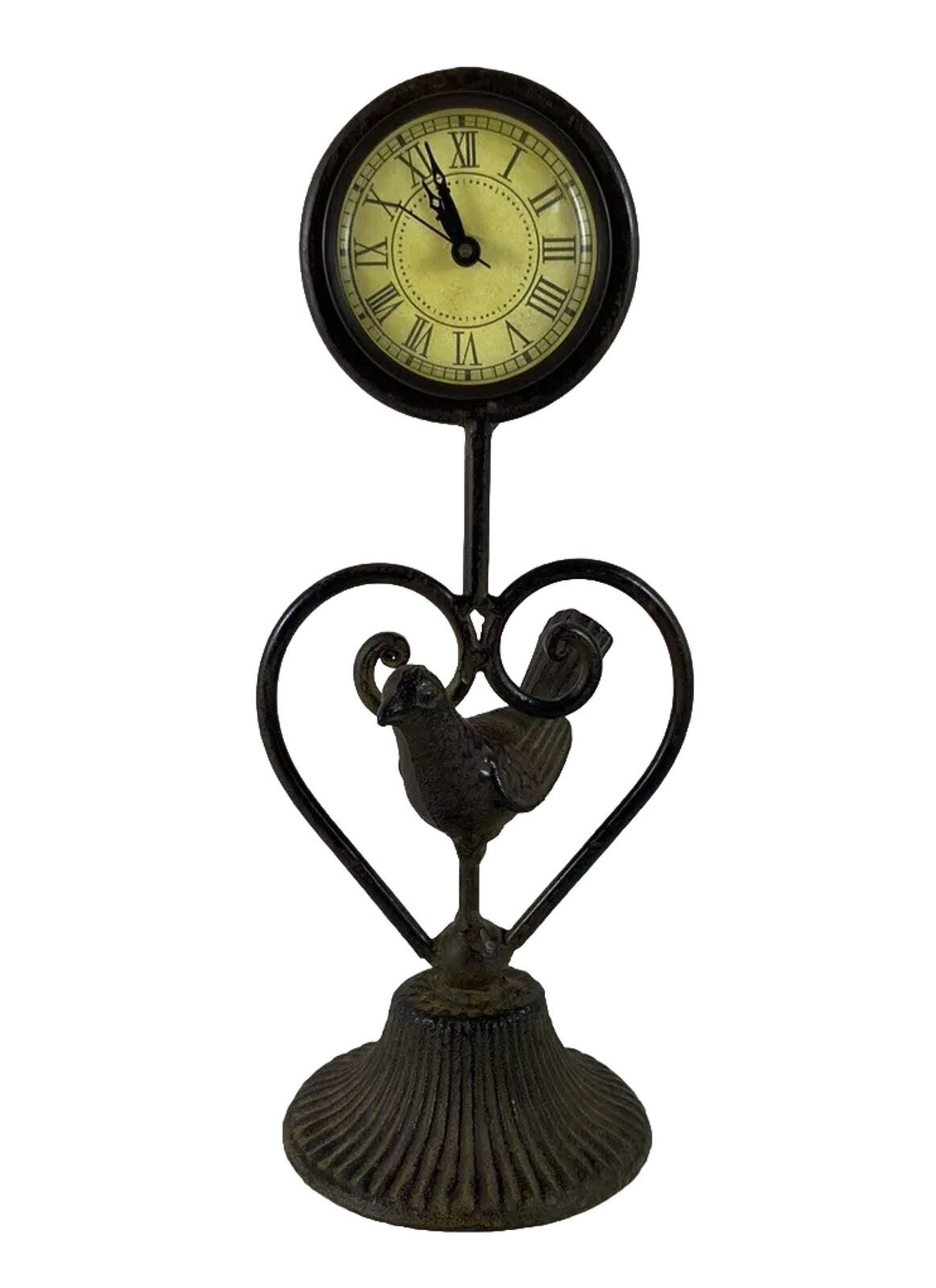 Clock Pedestal Heart Bird Vintage Desk Antique Rare Working Quartz Battery Heavy