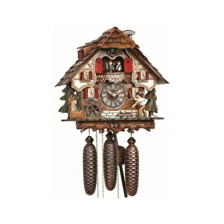 Cuckoo Clock Black Forest house with moving fisherman and moving mill wheel