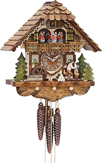 Cuckoo Clock Black Forest house with moving wood chopper and mill wheel KA 3702