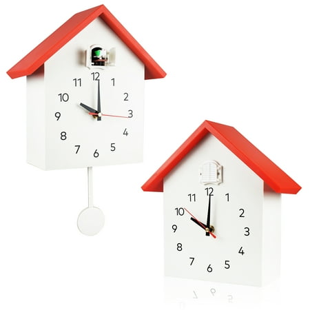 Cuckoo Clock Cuckoo Wall Clock, Natural Bird Voices Or Cuckoo Call, Design Clock Pendulum, with Timed Alarm Clock,Bird House, Wall Art Home Living Room Kitchen Office Decoration (Red&White)