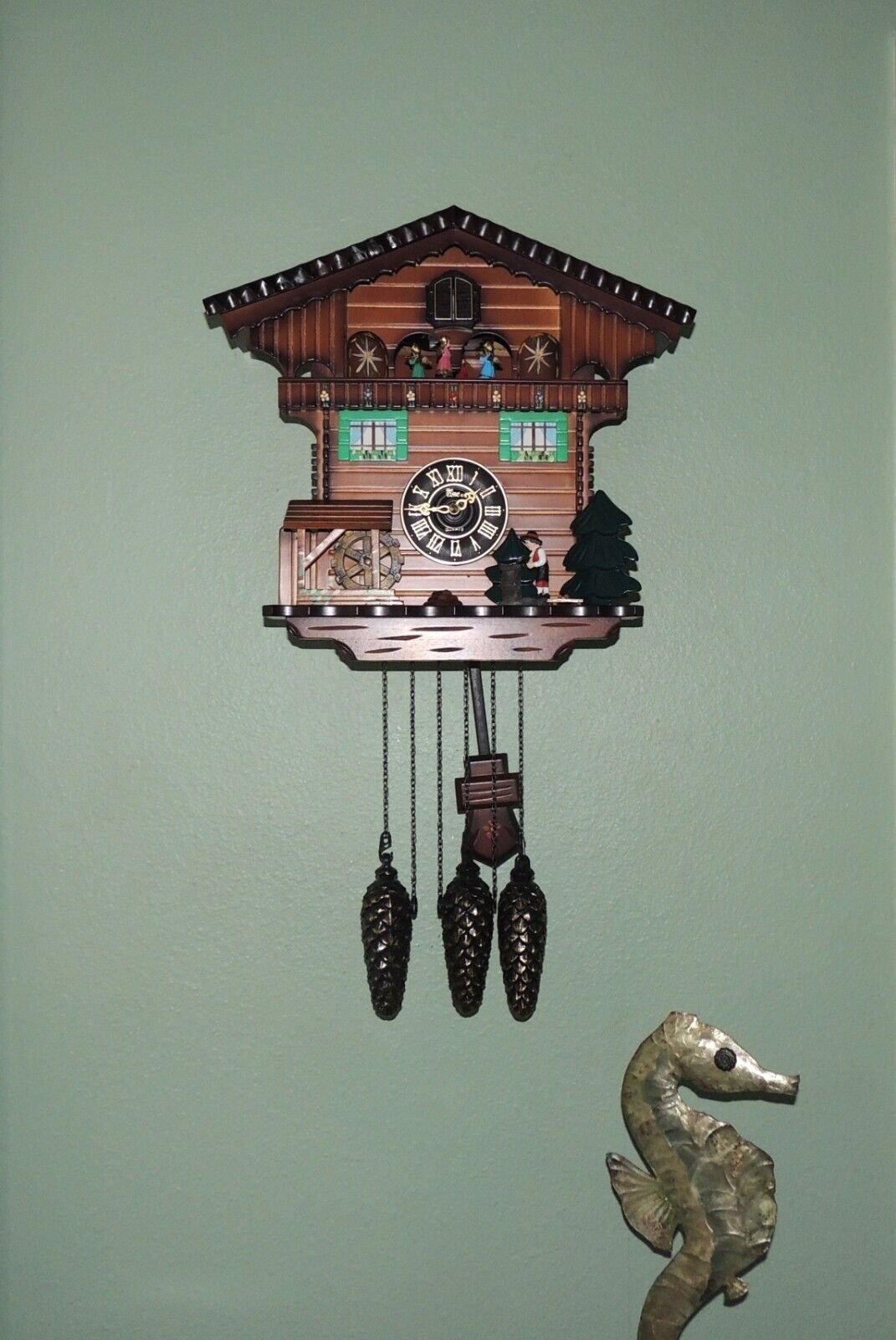 Cuckoo Clock Quartz Black Forest Style - Wood Chopper, Mill Wheel, Dancers Music
