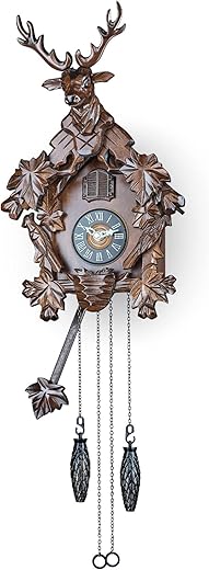 Cuckoo Clock with Automatic Night Mode, Quartz Movement and Carved Deer Head (Dark Brown)