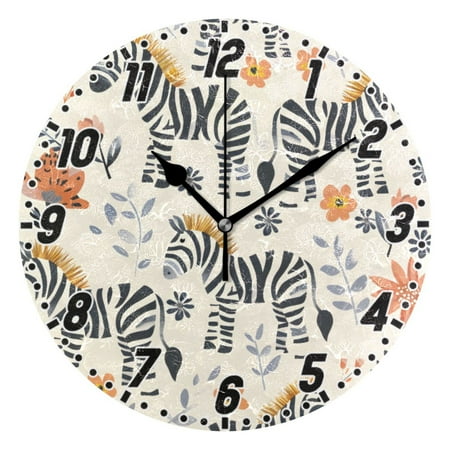 Cute Hand Drawn Zebras Wall Clock 9.8 inch Battery Operated Clocks Non-Ticking Silent for Bedroom Office Kitchen Living Room