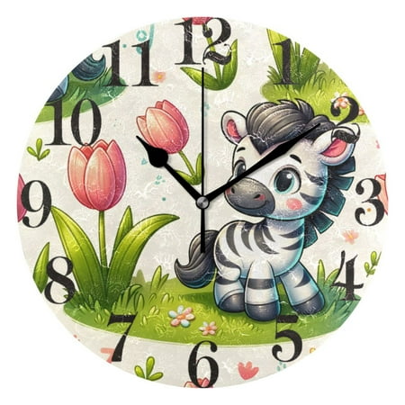 Cute Zebra with Tulip Flower Wall Clock 9.8 inch Battery Operated Clocks Non-Ticking Silent for Bedroom Office Kitchen Living Room