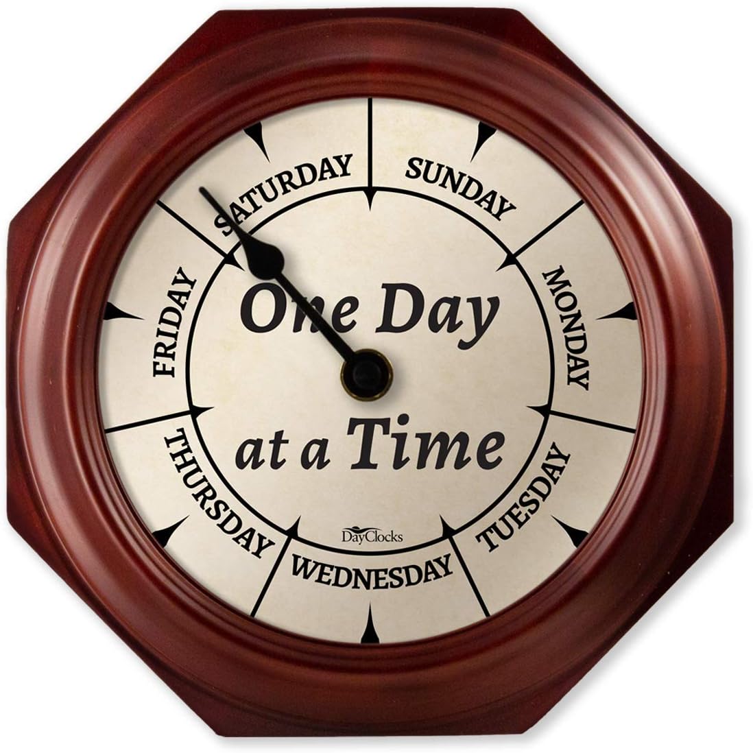 Day of The Week Wall Clock with Solid Wood Frame – Calendar Day Clock – One Day at a Time – Ideal Retirement Gift for Men & Women – Mahogany, 10