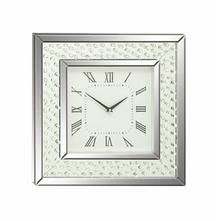 DecMode 2 Silver Wood Mirrored Wall Clock with Floating Crystals