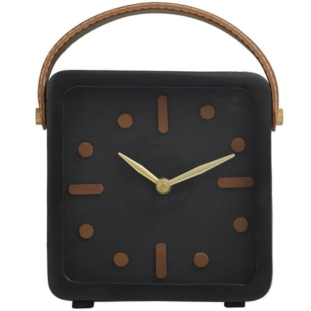 DecMode 8 Black Metal Small Clock with Leather Handle and Hour Markers