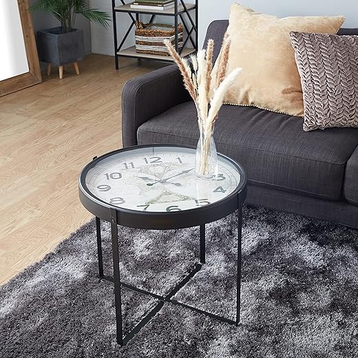 Deco 79 Metal Clock Accent Table with Map Background and Clear Glass Top, 24