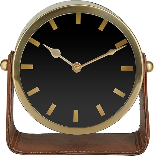 Deco 79 Stainless Steel Clock with Leather Stand, 7 x 4 x 7, Gold