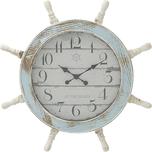 Deco 79 Wood Sail Boat Ship Wheel Wall Clock, 28 x 2 x 28, Blue