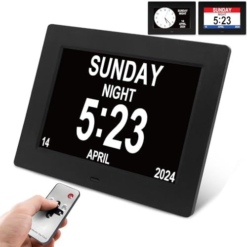 Dementia Alarm Calendar Clock Alzheimers Clock with 3 Interfaces 8 Alarm Options Day Clock Extra Large Digital Days Clock Ideal for Memory Loss Senior with Remote