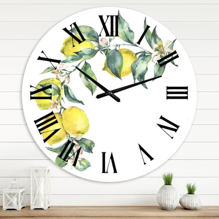 DESIGN ART Designart 'Branch of Yellow Lemons and Leaves II' Tropical wall clock 36 In. Wide x 36 In. High