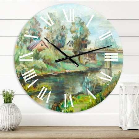 DESIGN ART Designart 'Bridge On The River In Rustic Landscape' Lake House wall clock 23 In. Wide x 23 In. High