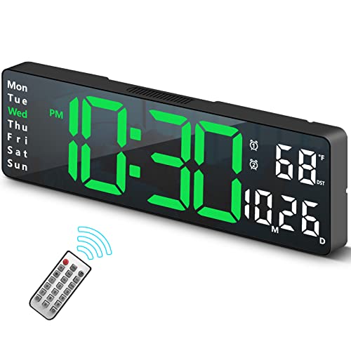 Digital Clock, Digital Wall Clock for Living Room Decor, Desk Alarm Clock for Bedroom, Large Wall Clock with Remote Control, Automatic Brightness Dimmer LED Clock with Date Temperature Week (Green-B)