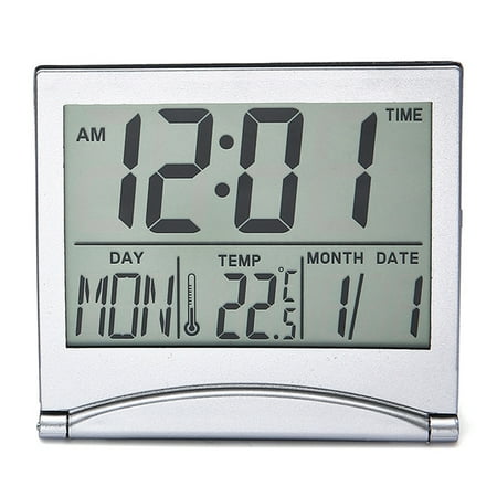 Digital Travel Alarm Clock - Foldable Calendar Temperature Clock with Snooze Mode - Large Number Display, Battery Operated - Compact Desk Clock for All Ages,white，G165489