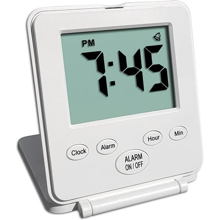 Digital Travel Alarm Clock - No Bells, No Whistles, Simple Basic Operation, Loud Alarm, Snooze, Small and Light, ON/Off Switch, 2 AAA Battery Powered, White