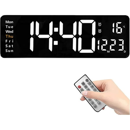 Digital Wall Clock Large Display, Boriyuan 16 inch LED Digital Clock with Remote Control for Living Room Office Decor, 10 Level Brightness Adjustment with Date Week Temperature