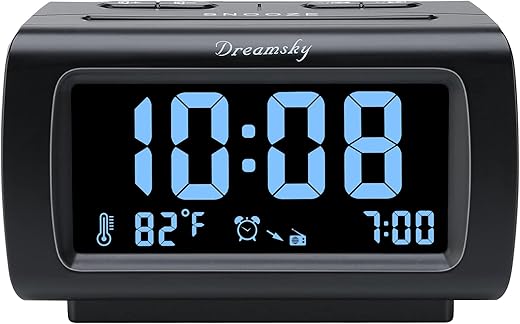 DreamSky Alarm Clock Radios for Bedrooms with Battery Backup, Large Big Numbers with Brightness Dimmer, USB Port, Bedside Digital FM Radio with Sleep Timer, Temperature, Adjustable Volume, Snooze