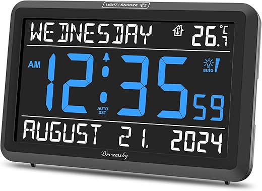 DreamSky Large Digital Clock with Date and Day of Week - Electric Desk Clock for Seniors Elderly, Bedroom Alarm Clock with Battery Backup, Dimmer, USB Port, Auto DST, Temperature, Adjustable Volume