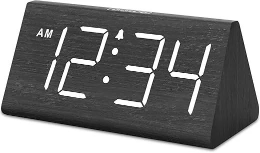 DreamSky Wooden Digital Alarm Clocks for Bedrooms - Electric Desk Clock with Large Numbers, USB Port, Battery Backup Alarm, Adjustable Volume, Dimmer, Snooze, DST, 12/24H, Wood Décor (Black)