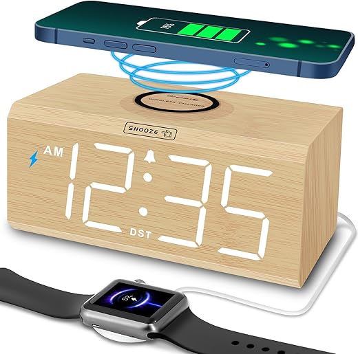 DreamSky Wooden Digital Alarm Clock with Wireless Charging for Bedroom, Bedside Nightstand Clock with Charger Station, USB Port, Large Numbers, Adjustable Volume, Brightness Dimmer, DST