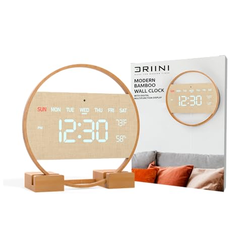 Driini Modern Large Digital Wall Clock - Bamboo Wood with Large LED Display- Day of Week, Time, Temperature, and Humidity - Aesthetic Living Room Clock or Office Wall Clock - Desk or Wall Mount.