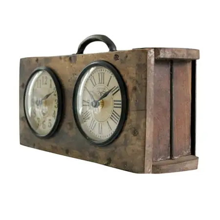 Dual Dial Wall Clock made from Wooden Brick Mold, Brown