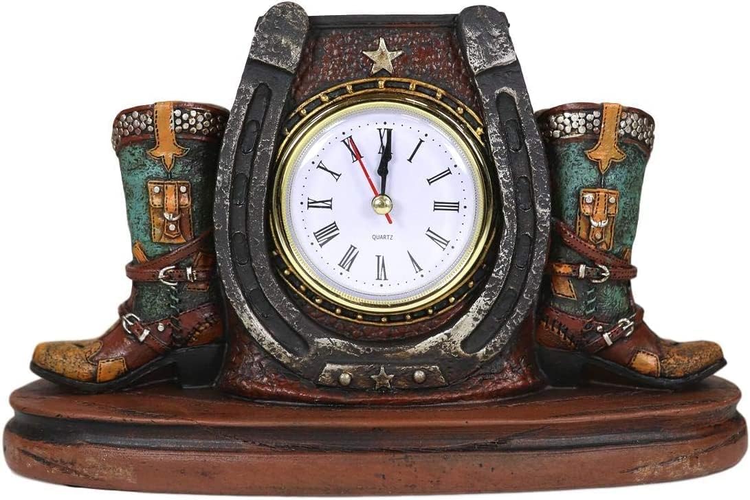 Ebros Gift Country Western Star Lucky Horseshoe Faux Tooled Leather Turquoise Cowboy Boots Designer Resin Analog Desktop Table Clock 9.25 Long Decorative Home and Office Rustic Accent