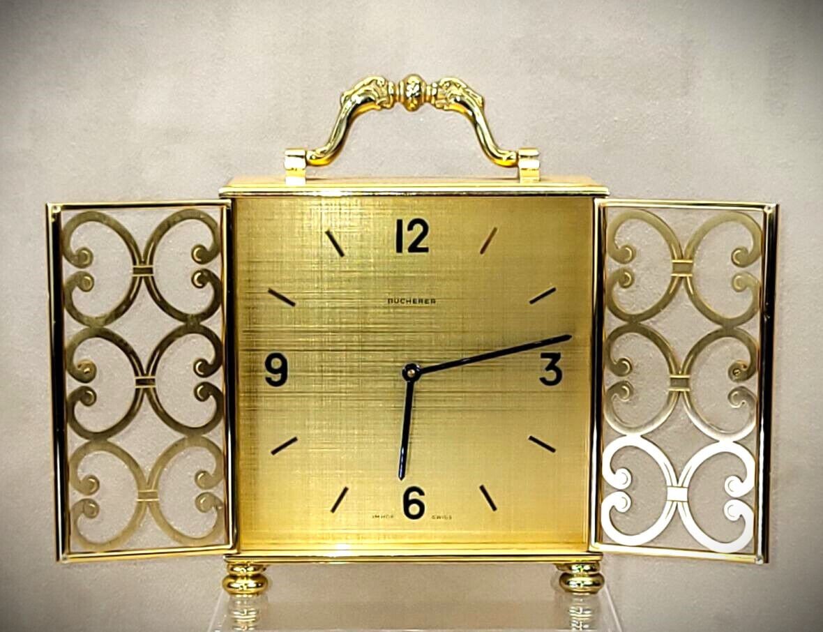Elegant '60s Bucherer Imhof Swiss Gilt-Brass Mantel Shelf Clock 8-day, 15-jewel