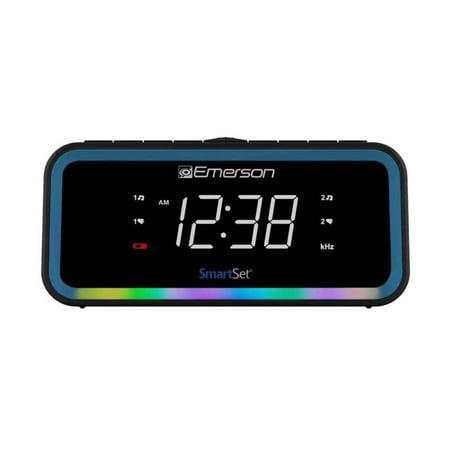 Emerson SmartSet AM/FM, Dual Alarm Clock Radio, 0.9 White LED, USB-C Charging and Multi-Color LED Decor, CKS1401