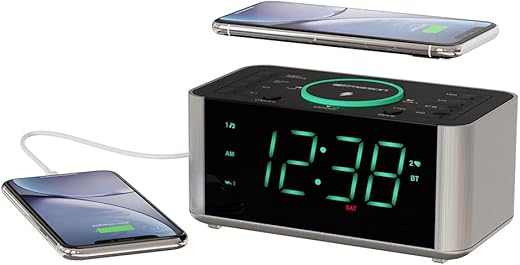 Emerson Smartset Dual Alarm Clock Radio and QI Wireless Phone Charger with Bluetooth, All Qi Compatible Phones, ER100202