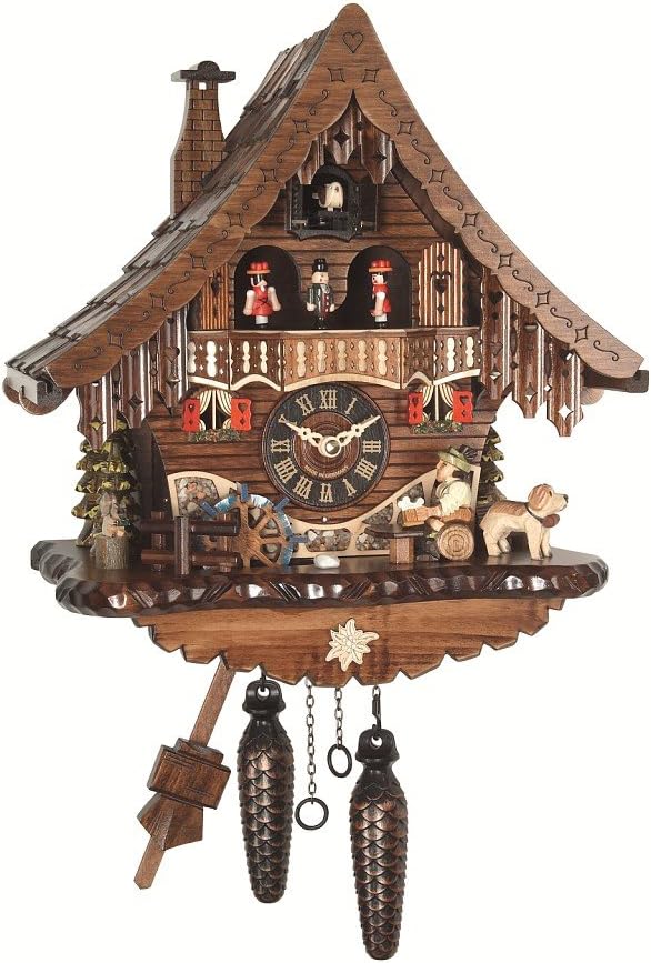 Engstler Quartz Cuckoo Clock Black Forest house with moving beer drinker and mill wheel, with music EN 471 QMT