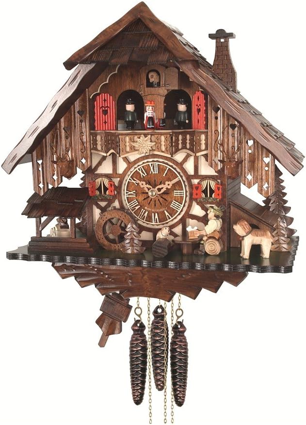 Engstler Quartz Cuckoo Clock Black Forest House with Moving Beer Drinker and Mill Wheel, with Music EN 487 QMT