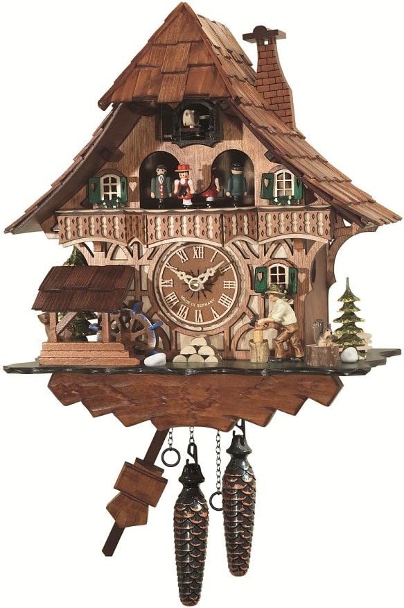 Engstler Quartz Cuckoo Clock Black Forest House with Moving Wood Chopper and Mill Wheel, with Music EN 496 QMT