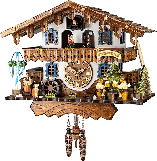 Engstler Quartz Cuckoo Clock with Musik Black Forest House with Moving Beer Drinkers and Mill Wheel